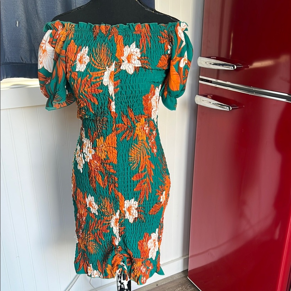 Floral Off-Shoulder Dress - Green and Orange